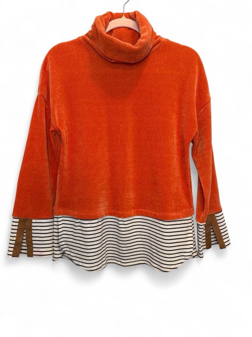 THML Orange Knit Striped Tunic Cowl Neck Sweater Small Trendy Fall Autumn Boho